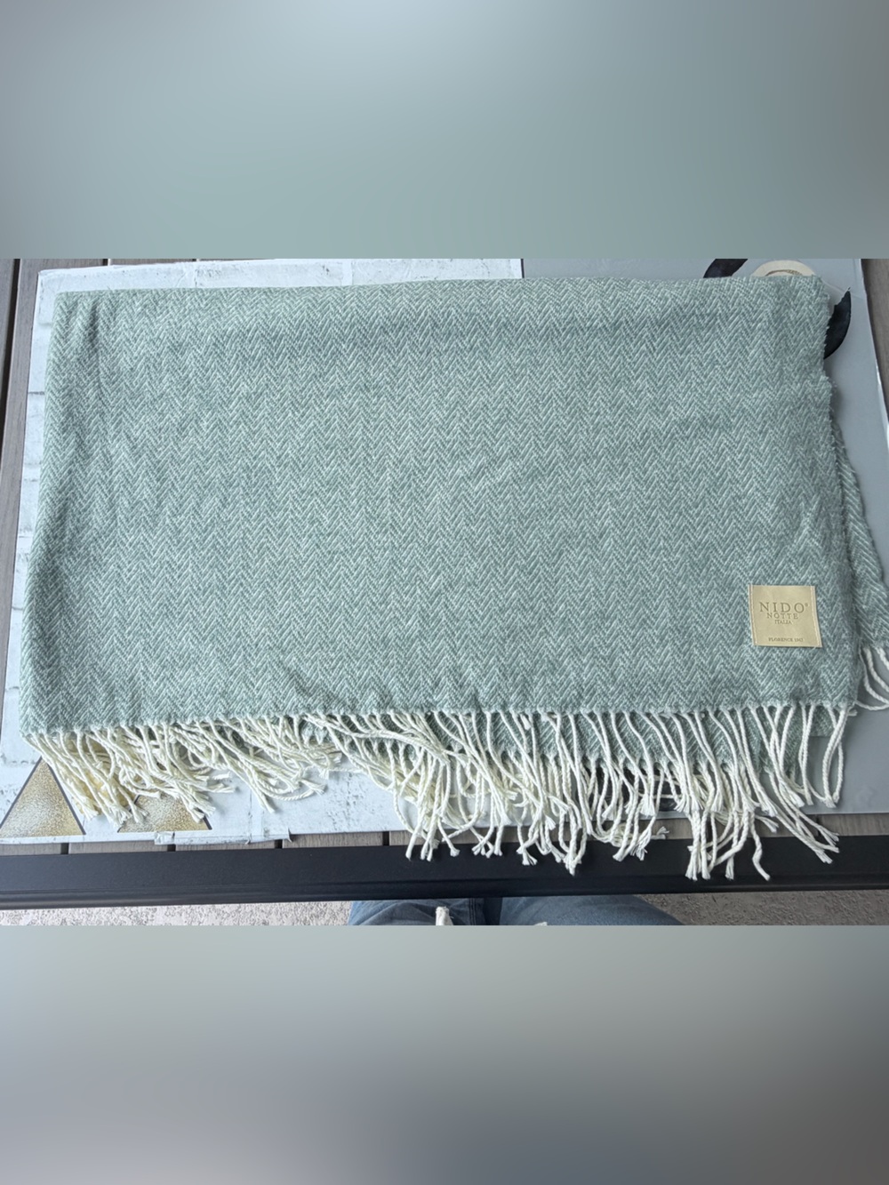 Nido Norte Italia Soft Sage Green Woven Fringe Throw Blanket 56”X49”, cozy